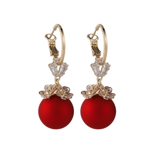 Elegant Chinese New Year pearl earrings with gold base and red matte beads in 100 characters