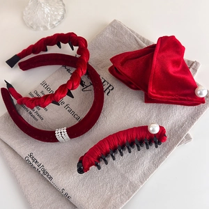 Vintage Red Velvet Faux Artificial Pearl Hair Accessories Set Elegant Braided Headband Banana Clip Bow Hairpin For New Year Party