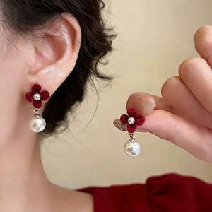 Vintage Velvet Flower Faux Artificial Pearl Drop Earrings For Women Elegant French Style Burgundy Black Copper Jewelry Accessories