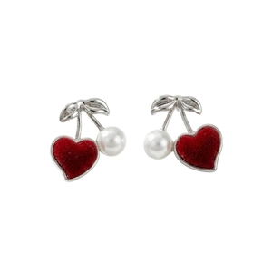 Elegant cherry bow heart stud earrings with red flocking and white imitation pearls