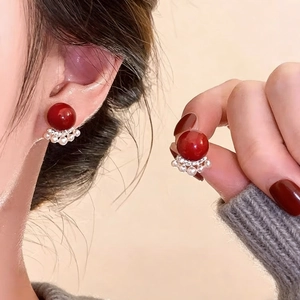 Vintage Elegant Red Bead Faux Artificial Pearl Stud Earrings For Women Copper Gold Plated Rhinestone Fan Shaped Accessories Jewelry
