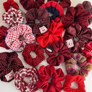 Festive Red Plush Scrunchie Elegant Satin Knitted Checkered Polka Dot Hair Ties For Women New Year Christmas Hair Accessories