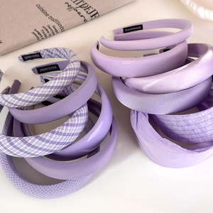 Set of assorted lavender wide headbands in satin, plaid and knit textures for women