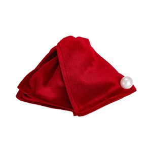 Detailed view of red velvet bow texture with elegant white pearl accent decoration