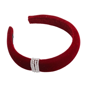 Elegant red velvet padded headband decorated with four rows of white faux pearls for women