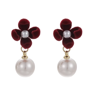 Elegant vintage red velvet flower earrings with round white pearl drop for women