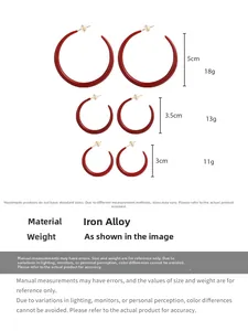 Three sizes of red enamel C-shaped hoop earrings in alloy material with detailed measurements