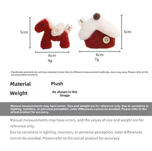 Size chart for cute plush horse and house brooch with detailed weight and fabric specs