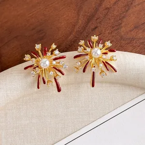 Firework Shape Stud Earrings Wine Red Enamel Copper Gold Plated Zirconia Faux Artificial Pearl Women Wedding Banquet Party Jewelry