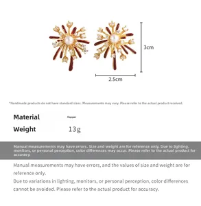 Detailed view of fireworks-inspired earrings with red glaze and white pearl center