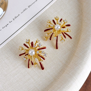 Elegant fireworks zircon stud earrings with red enamel and pearl center for women