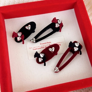 Vintage velvet heart hair clips with rhinestones and bows in red and black