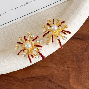 Elegant gold fireworks stud earrings with burgundy drip oil, pearls and clear zircon accents