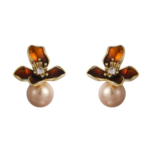 Orecchini a iride retrò con smalto arancione, zircone e pendente in perla champagne