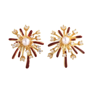 Elegant gold fireworks stud earrings with burgundy glaze, crystals and center pearls