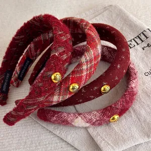 Vintage Tweed Woolen Plaid Padded Headband For Women Gold Metal Buckle Retro Red Christmas New Year Hair Accessories