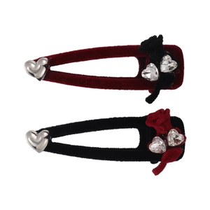 Velvet heart rhinestone hair clip set with bow decoration for elegant styling