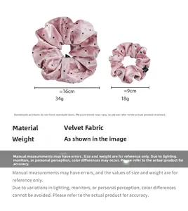 Velvet polka dot scrunchie set in pink showing dimensions for large and small sizes