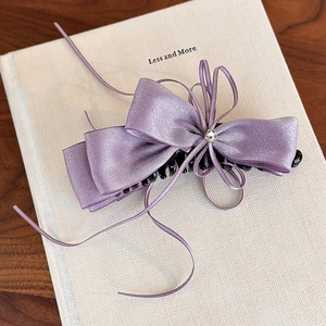 Détail d'un nœud papillon en satin violet avec strass étincelant et longs rubans soyeux