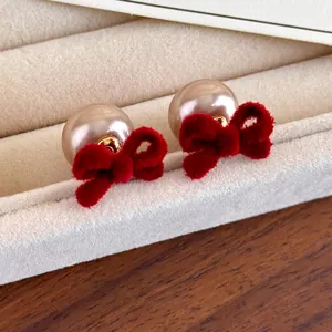 Vintage French Style Bowknot Artificial Pearl Stud Earrings With Velvet Material Alloy Copper Earring Post Women Elegant Jewelry