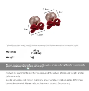 Detailed dimensions of vintage red velvet bow earrings with small pearl accents