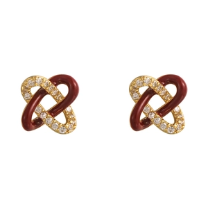 Elegant red enamel and gold-plated knot earrings with sparkling cubic zirconia pavé