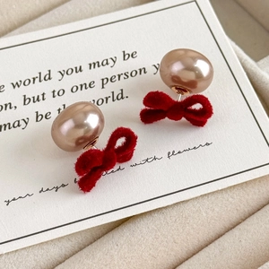 Vintage red velvet bow pearl stud earrings with champagne gold metallic accents