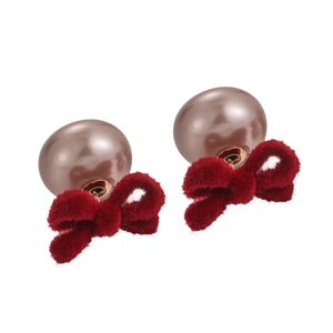 Vintage red velvet bow earrings with pink-purple imitation pearls on gold alloy base