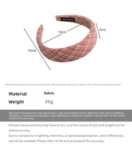 Detailed size specifications of pink plaid headband showing dimensions 16x14x4cm