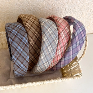 Set of five retro plaid sponge headbands in various colors for high skull top styling