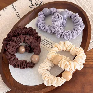 Chouchou en Tissu Plissé Avec Perles en Résine Style Coréen Élastique Cheveux Accessoire Quotidien Simple Pour Femmes