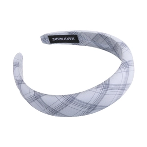 Blue and gray plaid padded headband for women featuring a handmade fabric texture