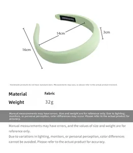 Detailed size view of green fabric padded headband with dimensions and handmade tag