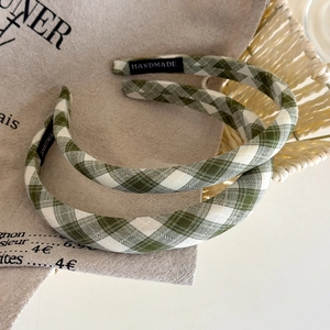 Women Fresh Green White Gingham Plaid Headband Fabric Handmade Hair Band For Daily Styling And Face Washing Accessories