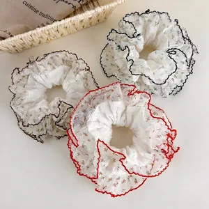 Grand Chouchou En Mesh De Dentelle Florale Avec Bords Festonnés Doux Rétro Français Porte-Queue De Cheval Élastique Femme
