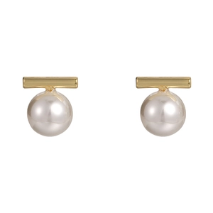 French style minimalist gold T-bar stud earrings with lustrous round white pearls