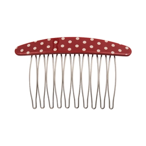 Vintage red polka dot acetate hair comb with 12 curved metal teeth for styling hair