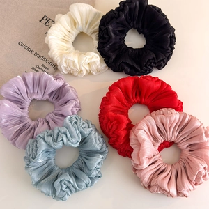 Set of 6 pleated satin scrunchies in cream black purple red blue and pink colors
