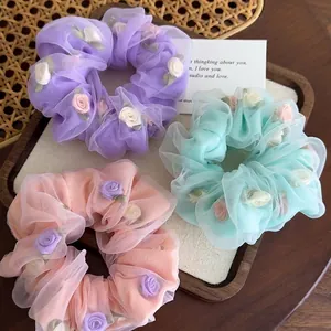 Chouchous en Organza Double Couche Élégants Fleur de Rose 3D Doux Élastiques à Cheveux Pour Femmes Filles Quotidien Rencontre Décoratif