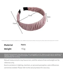 Detail view of pink satin pleated headband with 4cm width and 41g weight specifications