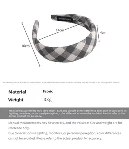 Detailed dimensions of the grey plaid fabric headband with 33g weight and 16cm height