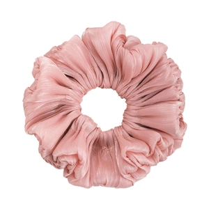 Elegant lotus pink pleated satin hair scrunchie with shiny finish and ruffled texture