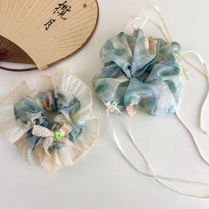Monet Oil Painting Style Fabric Scrunchies Lace Bow Ribbon Artificial Pearl Hair Ties For Women Daily Sweet Floral Hair Accessories