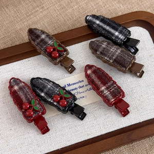 Retro Sweet Plaid Cherry Duckbill Hair Clip Vintage Tartan Fabric Alloy Side Clip For Women Girls Fashion Hair Accessories