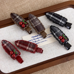 Elegant plaid hair clips with cherry accents in black, brown and wine red sets