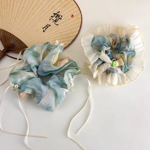 Floral print scrunchies set in blue Monet style with white ribbons and pearl charms
