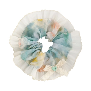 Blue Monet oil painting floral scrunchie with lace trim and heart button detail