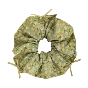 Französischer Vintage-Blumen-Haargummi mit gelb-grünem Muster und kleinen Schleifen