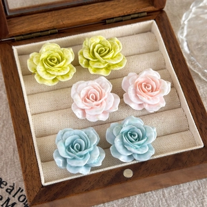 Lot de boucles d'oreilles roses, jaunes et bleues présentées dans un coffret à bijoux en bois