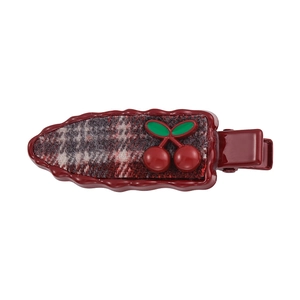 Red cherry hair clip with houndstooth tweed fabric for women side fringe hair accessory